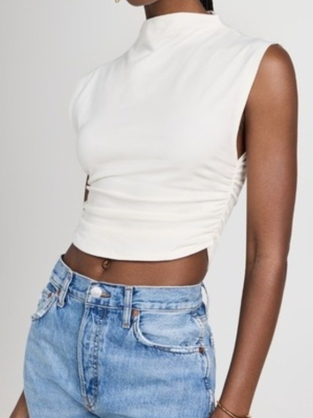 Reformation Lindy Knit Top XS Cream Mock Neck Cropped Ruched Minimalist
